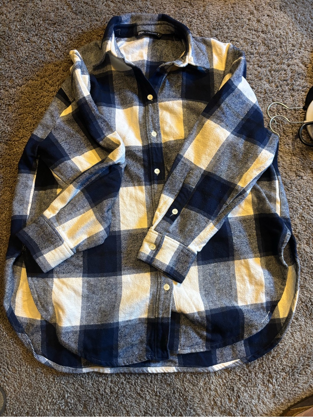 Zara Navy Blue and White Plaid Button-Down Shirt